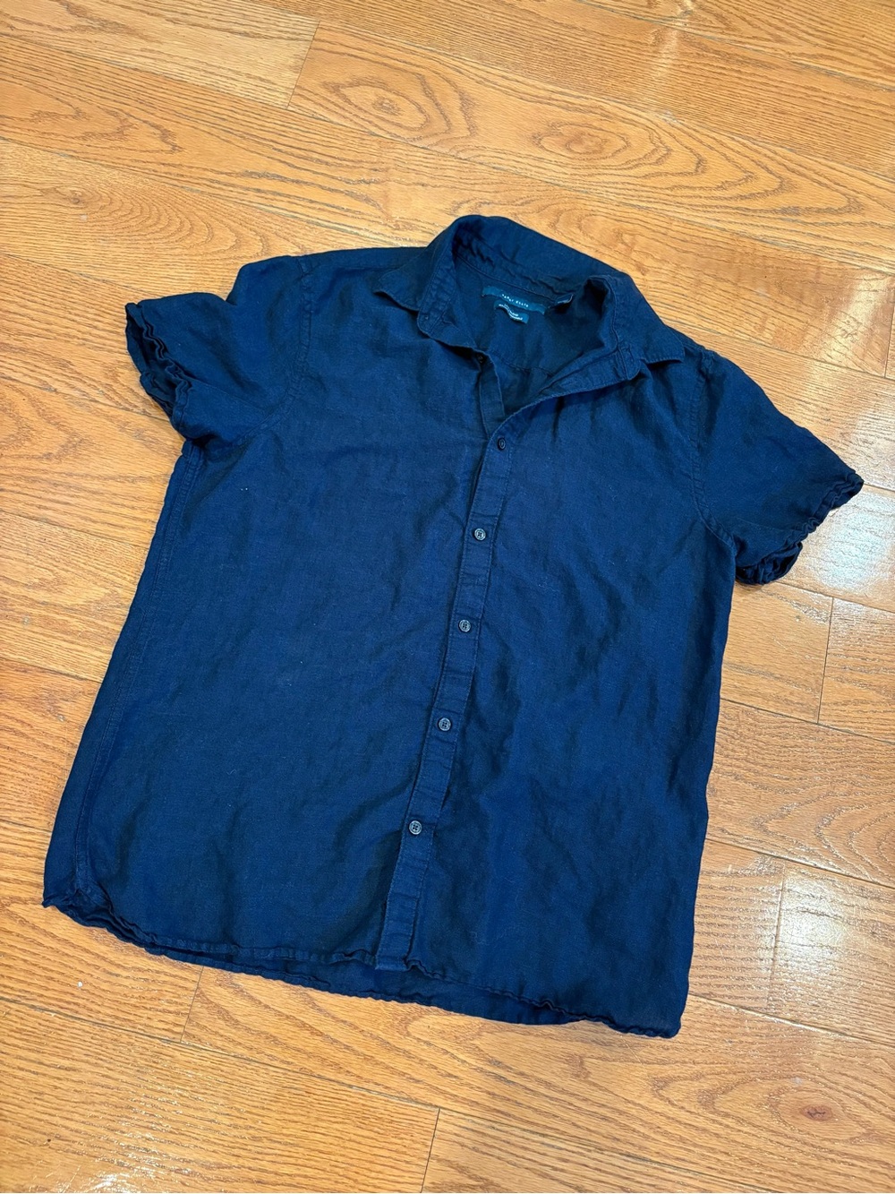 Perry Ellis Linen Blend Button Front Shirt Womens Large Navy Coastal Minimalist